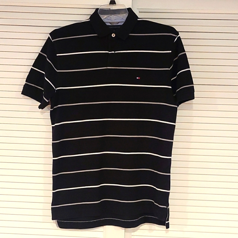 Tommy Hilfiger Polo Shirt. Size M. Black with Gray & White stripes